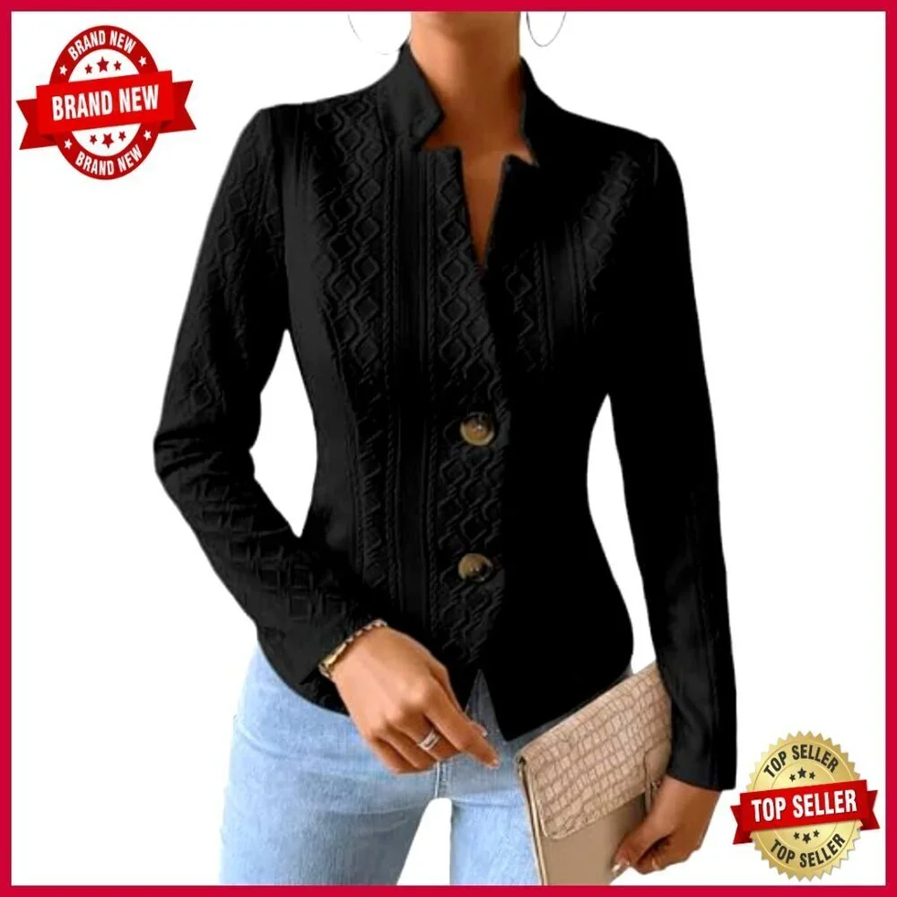Petite Jacquard Knit Blazer Slim Fit V-Neck Stand Collar Work Coat